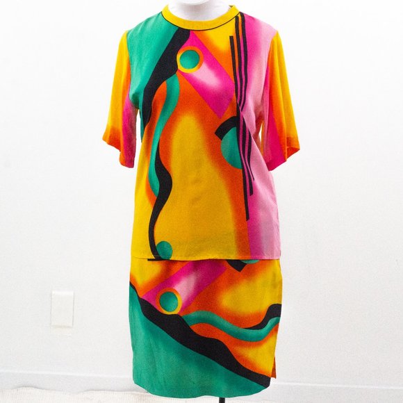Vintage Dresses & Skirts - Vintage 80s M/L Silk 2-Piece Skirt Suit Set Neon